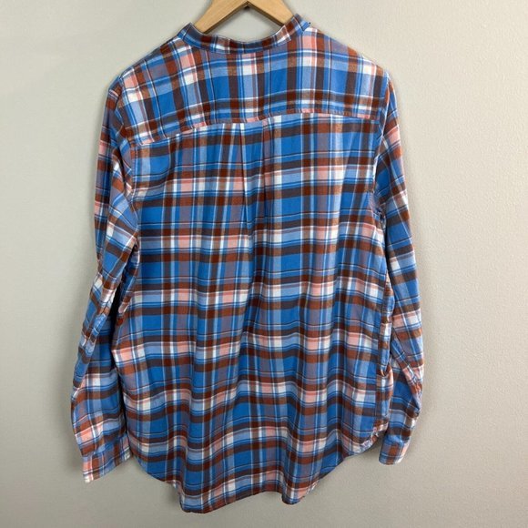 Lands End Flannel Shirt 14 Women Plaid Orange Blue Popover‎ Long Roll Tab Sleeve - Picture 5 of 11